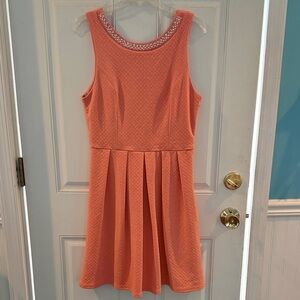 Sleeveless Coral Textured Fit-and-Flare Dress